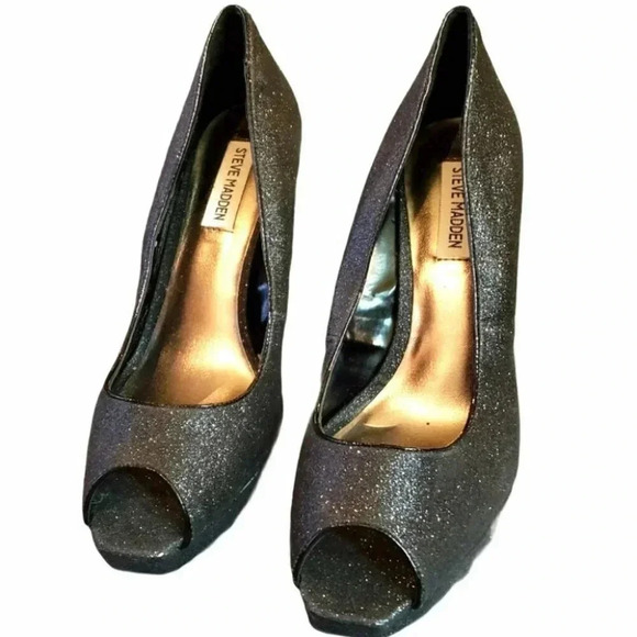 Steve Madden P-Kelly Black Glitter Peep Toe heels NWOT - Picture 2 of 8
